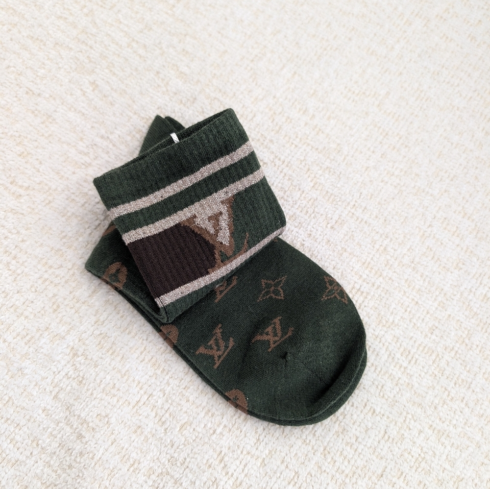 LV Green and Brown Logo Socks